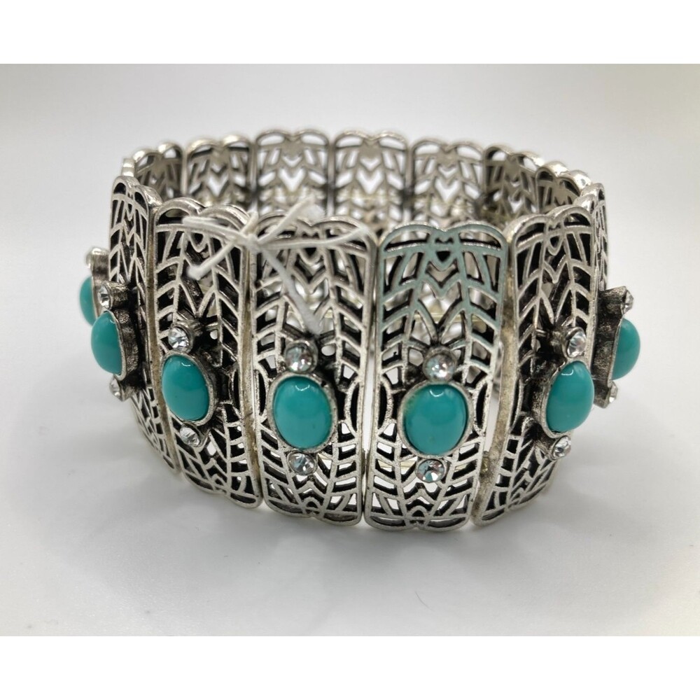 Medieval Gothic Western Silver Tone Panel Faux Turquoise Stretch Bracelet Sz.7